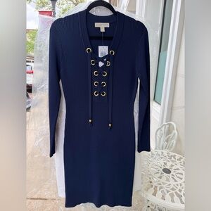 Michael Kors Navy Ribbed Lace-Up Sweater Dress